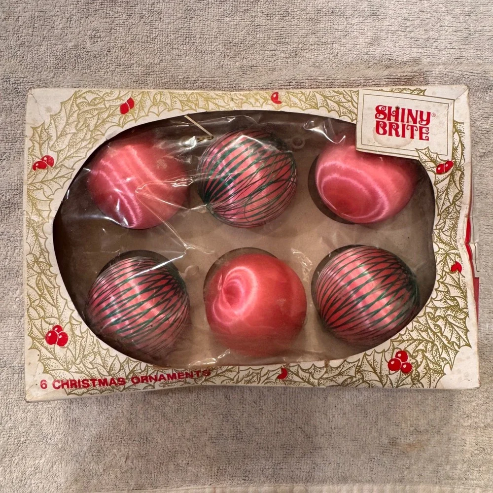 Vintage 1960s Shiny Brite Christmas Ornaments Pink Satin Green Stripes  MCM
